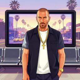illustration of zinedine zidane in a gta waiting screen, gold chain, los angeles, by stephen bliss