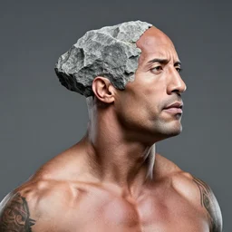 dwayne johnson but his head is a gray rock, photograph, 4 k, canon
