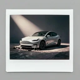 polaroid photo of a broken down tesla in dystopic future