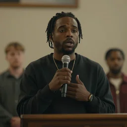 cinematic still of Trippie Redd preaching at a Baptist Church in Rural Tennessee, close up, shallow depth of field, cinematic