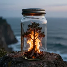 glass jar with a burning tree inside, standing on a cliff, ocean in the background, metal lid, dramatic lighting, hyperrealistic, highly detailed