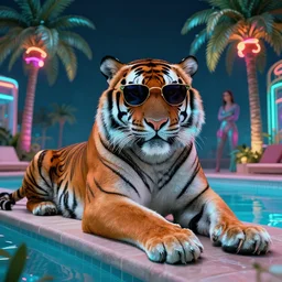 portrait, anthropomorphic macho tiger, laying poolside, electric sunglass, neon palm trees, fantasy, detailed, intricate, luminescent, elegant, coherent, by mandy jurgens, hannah yata and kay sage, donato giancola, detailed, artstation, cinematic lighting, artdeco, art deco outrun aesthetic