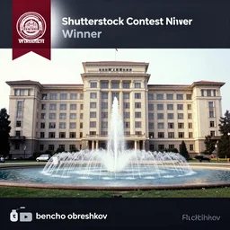 a large building with a fountain in front of it, a screenshot by bencho obreshkov, shutterstock contest winner, international typographic style, 1 9 9 0 s, photo taken with ektachrome, panorama