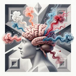 human brain exploding into multi - colored streams of smoke, psychedelic, trippy, abstract, cubist, symmetric, mirrored, abstraction, fractal patterns, irridescent, vector art, hyper detailed, trending on artstation, luminescent, by sachin teng, by alphonse mucha