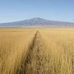 sterioscopic picture set of a distant mountain behind a dry lakebed with a tall grass path meandering into the distance