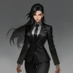 a highly detailed illustration of meisa kuroki wearing black suit and tie with coattails, yellow eyes, dramatic pose, intricate, elegant, highly detailed, centered, digital painting, artstation, concept art, smooth, sharp focus, league of legends concept art, wlop.