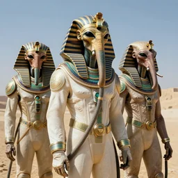the annunaki have returned to egypt wearing space suits that look like egyptian pharoah head - dresses and breathing hoses that look like elephant trunks - alien - looking, cyborg, detailed, photo - realism