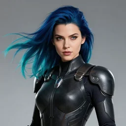 a stunning upper body portrait of a beautiful young woman wearing futuristic deep black battle bodyarmor with ombre navy blue teal hairstyle blowing in the wind by marvel comics, digital art, trending on artstation
