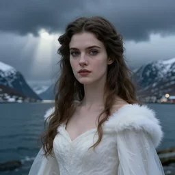 mage, norway fjord, extreme close up portrait, hudson river school, max rive, dress made of water, stormy seas, white royal dress, beautiful, bokeh, gentle, female, snowy, storm clouds, god rays, extreme close up portrait, d & d, fantasy, elegant, low key color palette, concept art, roger deakins and greg rutkowski and alphonse mucha