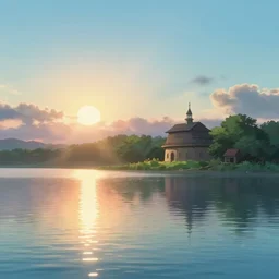 a serene landscape with a singular building near a lake at sunrise, reflexion of the sun on the water, ghibli studio, anime style, pixar and disney style, high quality, highly detailed, 8 k, soft lighting, soft colors, path traced, bloom, godrays, complementary colors, natural lighting, beautiful, elegant