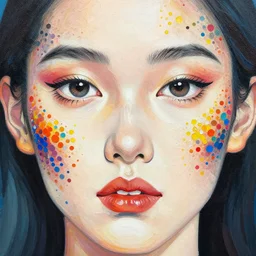 intricate face with dots of paint melting in to a colorful painting made of gouache impasto