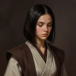 portrait of a woman by greg rutkowski, young jedi knight, black bob hair, mixture between russian and japanese features, very tall and slender, sleepy eyes, star wars expanded universe, she is about 2 0 years old, wearing jedi robes highly detailed portrait, digital painting, artstation, concept art, smooth, sharp foccus ilustration, artstation hq