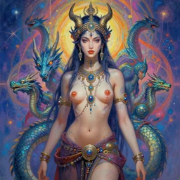sublimely mystically attractive hindu cyberpunk female barely clothed future space pirate ishvara goddess. dragon born assassins of the mystic unity, future jewelry, little clothing, alien glyph tattoo, hindu piercings, psychedelic fractal background, illustrative character design, concept art, tales of earthsea, sky witch, colorful, matte painting, soft illumination, painting by gaston bussiere, craig mullins, j. c. leyendecker, tom of finland