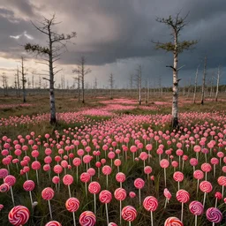 beautiful landscape of desolate swamps made of lollipops, trending on artstation, octane, moody lighting, vibrant colors, ultrarealism