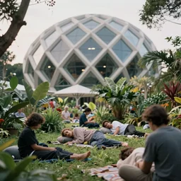 Close up of people waking in botanical open space, in front of parametric building, 35mm bokeh, detailed, 4k