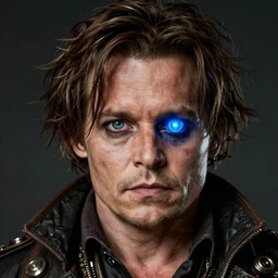 Intricate steampunk portrait, resembling johnny depp,  the right eye has blue neon glowing, background is a soft lit white colored room, wide screen format, film grain