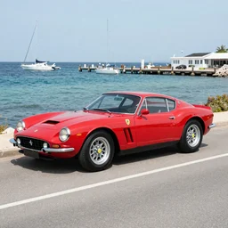 old red ferrari car is parked on the sea shore near a pier with boats