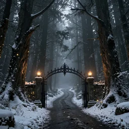a hq artstation, beautiful digital glossy clear sharp of a detailed dark fantasy forest trees fireflies nd iron gate road pathway fog by jdark constrast snow 8 k resolution trending on artstation