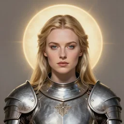 masterpiece head-on symmetrical centered painted portrait, Imogen Poots as a D&D paladin, blonde hair, holy light halo, glorious, wearing full metal armour, elegant, in the style of Ruan Jia and Artgerm and Edgar Maxence and Ross Tran and Alphonse Mucha and Ayami Kojima and Charlie Bowater and Karol Bak and Jean Delville, Art Nouveau, Pre-Raphaelite, Neo-Gothic, gothic, Art Nouveau, rich deep moody colors