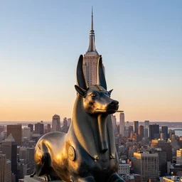 empire state building replaced by a giant anubis statue, sunset, drone footage, sharp focus, professional photo