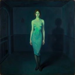beautiful woman inside an opium den. neon lighting by arnold bocklin, herbert james draper. oil on wood 1 9 0 0. intricate details. minimalist. ambient lighting. liminal space. vacant room. interior shrouded. shadows dancing in the background.