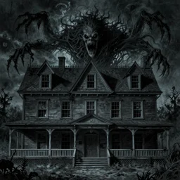 old mansion as evil creature with mouth and empty eyes at night, made in 1 8 century, new england colonial architecture, arkham horror, evil fluid, dramatic, heroic, fear, insane, terrific, insane, drider, hubris, creepy dungeon, lovecraft illustration, particles, by asher brown durand, by yoshitaka amano