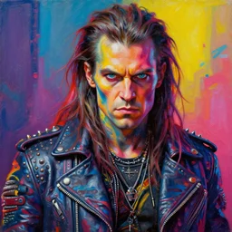 a full shot of a scifi post apocalyptic orcish biker man, psychedelic vibrant colors, futuristic punk rock fashion, oil painting by michael whelan art, sharp focus, realistic, perfect face, detailed eyes, highly detailed, long hair, studded leather jacket, 8 k