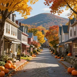 pretty colonial city street with shops and pumpkins, maple trees with fall foliage, new hampshire mountain, stone walls, volumetric, realistic, cinematic lighting, ray tracing, unreal engine 5, octane render, hyper realistic, photo, 8 k