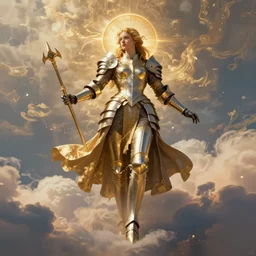 full body picture of armored valkyrie descending from clouds, renaissance halo, gold lighting, cinematic, art, elegant, powerful, digital painting, sharp details