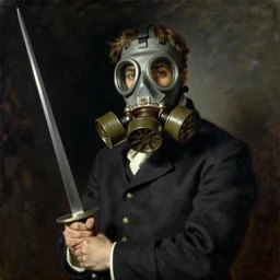 Man using gas mask with a rapier at night, a painting by John Singer Sargent