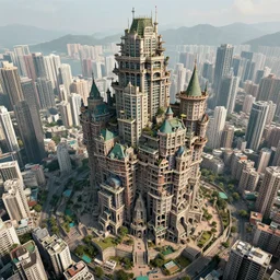 enormous sprawling fantasy winchester mystery house, high, skyscraper, high quality, kowloon walled city, sprawl, giant, fractal, cell shading, high details, trending on artstation