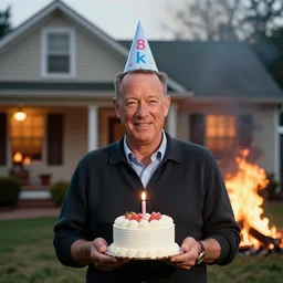 portrait photo still of tom hanks holding a small cake, wearing a birthday hat, in front of a house on fire, 8 k, 8 5 mm f 1. 8