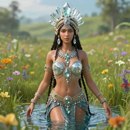 a highly detailed beautiful divine tribal high priestess and water with adornments of crystals in a lush field of flowers, wide and hdr zbrush, h 5 1 2