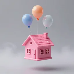 a 5 0 mm lens photograph of a pink floating house inspired by the movie up, held by three small vibrant ballons in the air, mist, playful composition