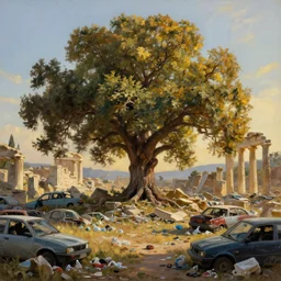 oak tree growing in ancient greek ruins, many scrap cars, plastic waste, rubble, pillars, hyperrealistic, highly detailed, cinematic, single ray of golden sunlight, beautiful, cgssociety, artstation, 8 k, oil painting by greg rutkowski, by artgerm, by wlop