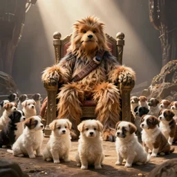 Jabba the hut sitting on his throne, with dozens of cute puppies surrounding him