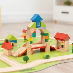 wooden plain kids toy blocks city town village of uncolored natural organic wood blocks stacked, montessori style town, farm, bridge, shop, road map of wooden blocks play