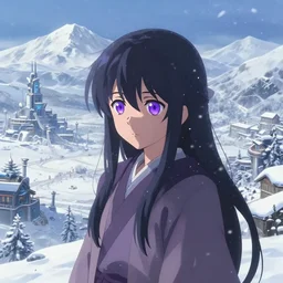 beautiful himalayan sci-fi princess with purple eyes, somber, scene of a blizzard on the mountain overlooking a futuristic village, 8k hdr pixiv dslr photo by Makoto Shinkai and Wojtek Fus