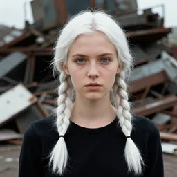 8 5 mm young woman portrait, scrapyard, braided white hair, clothing, richard avedon, martin schoeller, victor ngai, id magazine, epic scene, david cronenberg, kilian eng vibrant colours, dynamic lighting, intricate illustration, detailed, beksinski, dan mumford, artstation, greg rutkowski, sharp focus, photoreal, 8 k