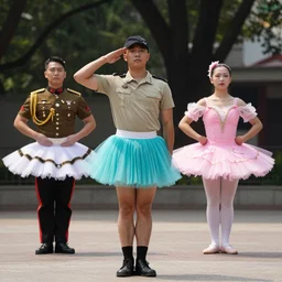 a soldier wearing turquoise tutu saluting his general wearing pink tutus