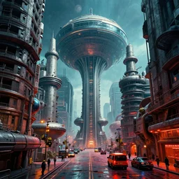 a bulbous zaha hadid space-station city street interior with brutalist buildings inspired by a nuclear reactor submarine and maschinen krieger, ilm, beeple, star citizen halo, mass effect, starship troopers, elysium, iron smelting pits, cool saturated colours, atmospheric perspective