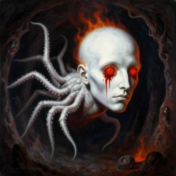 painting by greg rutkowski and hieronymus bosch, a flying human head with blood running down it's face face that is chalk white in color, with long white!! tentacles!! 🕷 coming out of neck, fiery scorching red eyes, flying in a terrying hellish dark cavernous hell