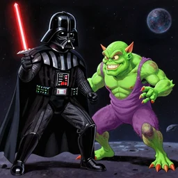 darth vader fighting green goblin in space detailed