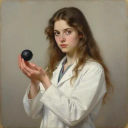 an old painting of a beautiful young female scientist holding a small black hole in her hand, style by jordan grimmer and greg rutkowski, elegant, sharp focus, morandi color scheme, illustration, high quality, highly detailed, long hair, digital art, science fiction art style, art station