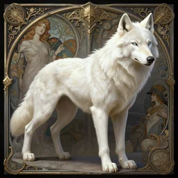 full body photography of a albino wolf, deep focus, d & d, fantasy, intricate, elegant, highly detailed, digital painting, artstation, concept art, matte, sharp focus, illustration, hearthstone, art by artgerm and greg rutkowski and alphonse mucha