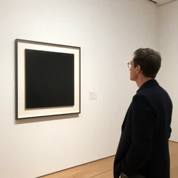 marcel duchamp looking at the black sqare in a gallery, wondering