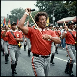 7 0 s film still from a horror movie of gary coleman twirling a baton while marchin in a blm parade, kodachrome, cinecolor, cinestill, film grain, film texture, retro, cinematic, high resolution, photorealism,