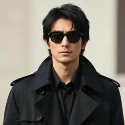 a face of a man with sunglasses, black hair and a black trenchcoat