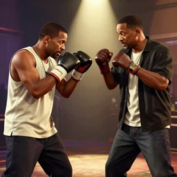 in the style of gta v, chris rock and will smith are fist fighting each other, shadow harsh lights, dramatic scene, hyper detailed, digital art, trending in artstation, cinematic lighting, studio quality, smooth render, unreal engine 5 rendered, octane rendered, volumetric lightening,