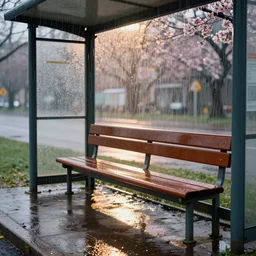beautiful 8 k stylized colorful photo of an empty bus stop bench in the pouring rain of spring, detailed, 4 k resolution, dynamic lighting